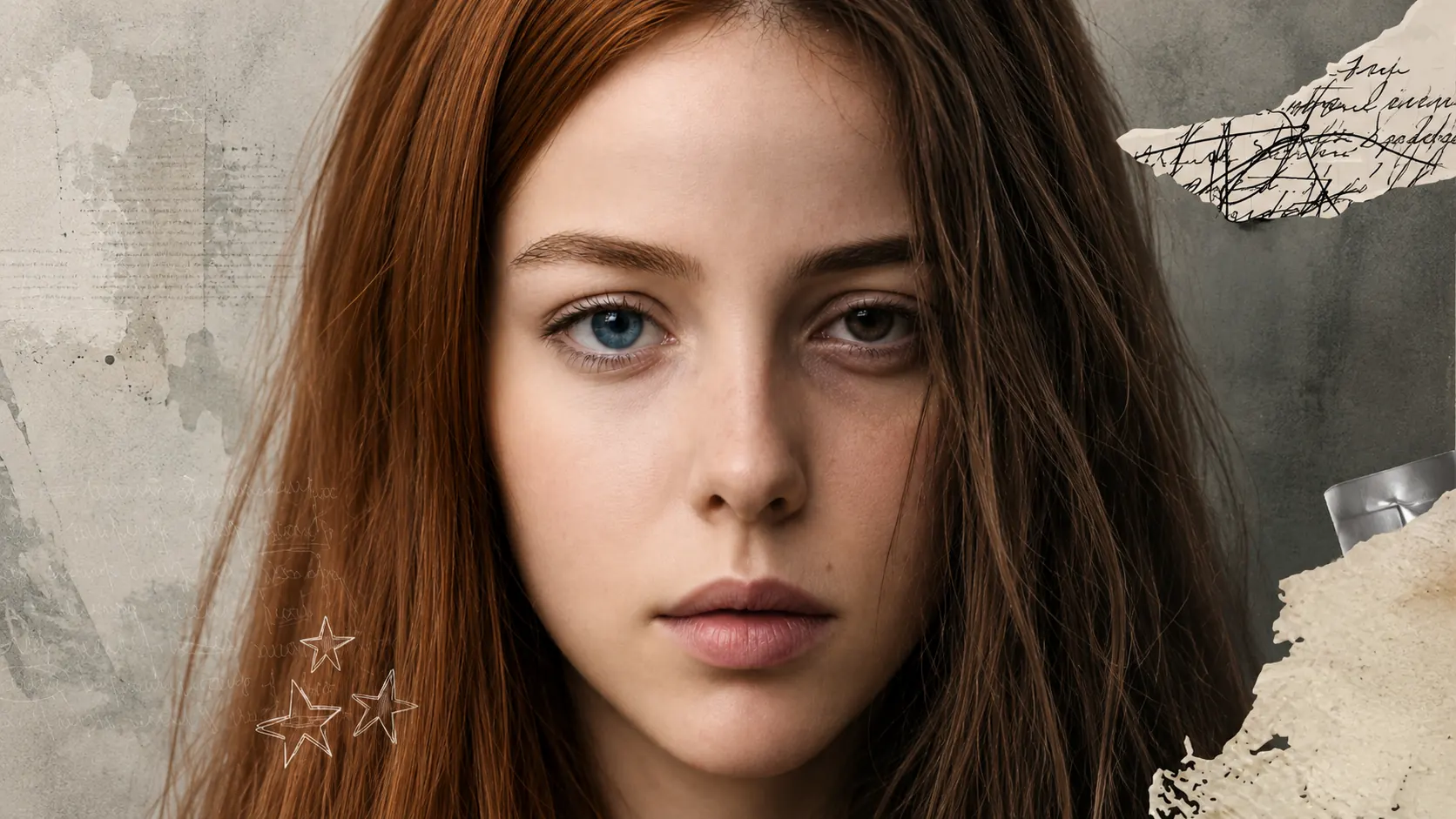 Close-up portrait of a young woman with auburn hair against a textured collage of handwritten diary pages